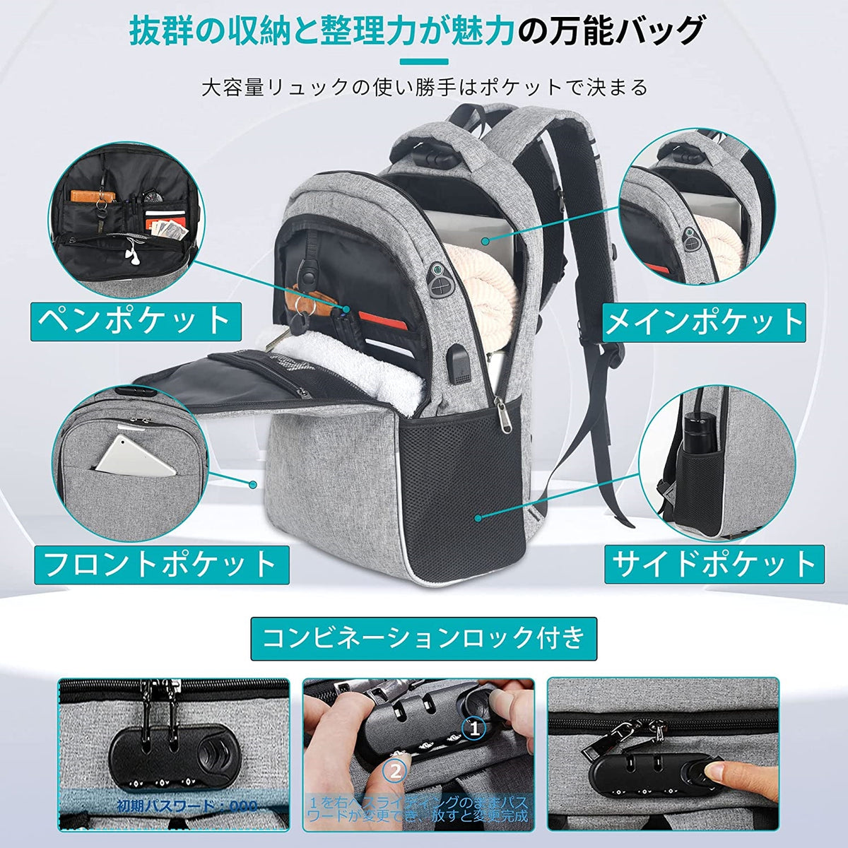 男性リュックビジネスリュック大容量ノートパソコン男女兼用リュックUSB充電ポートイヤホン穴付きアウトドア旅行